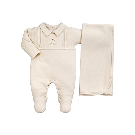 Kit Macacão Longo e Manta Bordado Cachorrinho em Suedine Pima Bege