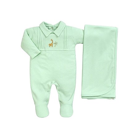Kit Macacão Longo e Manta Bordado Girafinha em Suedine Pima Verde
