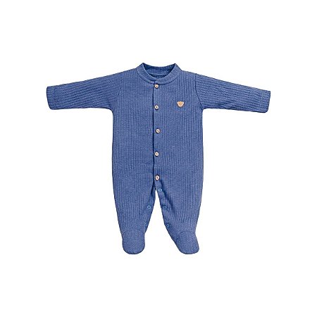 Macacão Longo Bordado Canelado Azul