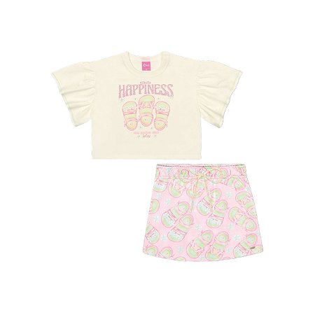 Conjunto Blusa e Shorts/Saia Off White e Rosa