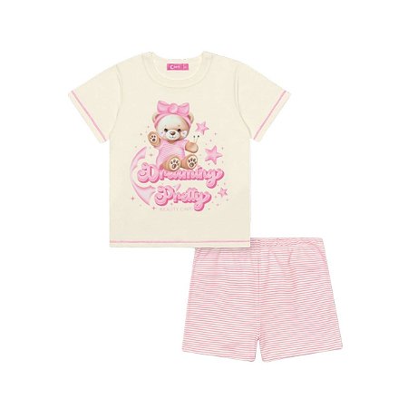 Pijama Blusa e Shorts Ursinho Off White