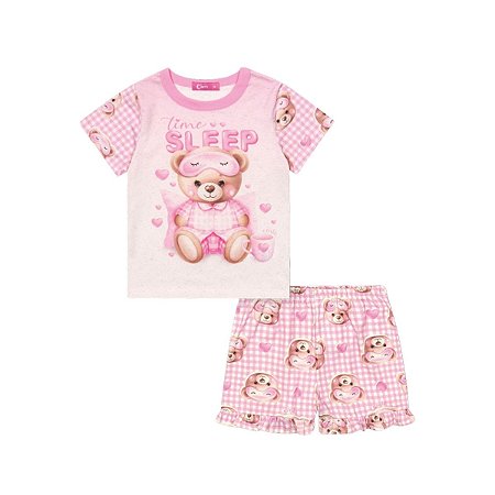 Pijama Blusa e Shorts Ursinho Rosa