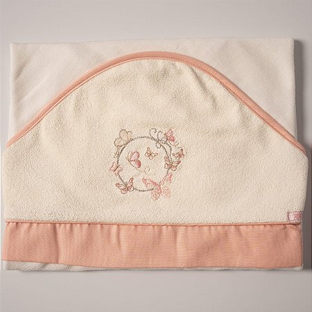 Toalha Felpa Forrada com Fralda e Capuz Borboleta Salmão