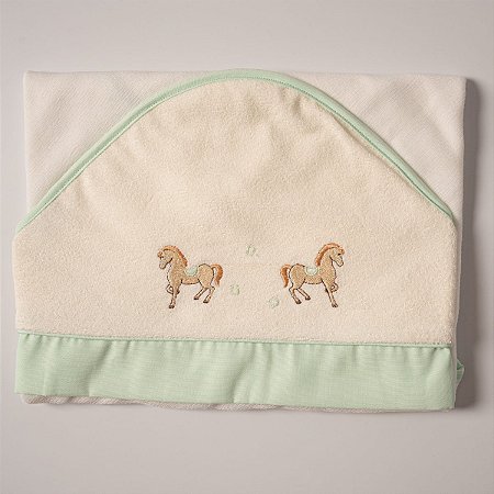 Toalha Felpa Forrada com Fralda e Capuz Cavalos Verde Menta