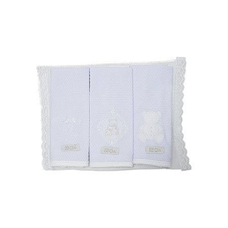 Kit 3 Babinhas Malha Dupla com Porta Chupeta Ursinho Branco
