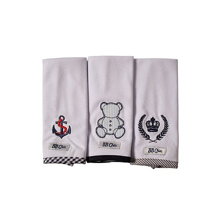 Kit 3 Babinhas Malha Dupla com Porta Chupeta Urso Azul Marinho