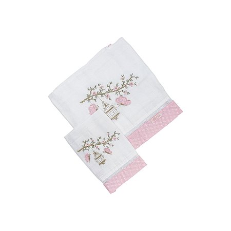 Conjunto 2 Fraldas Bordado Borboleta Poá Rosa