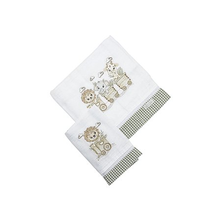 Conjunto 2 Fraldas Bordado Leão Xadrez Verde