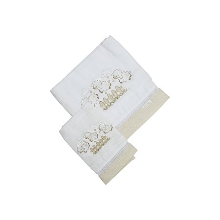 Conjunto 2 Fraldas Bordado Ovelha Linho