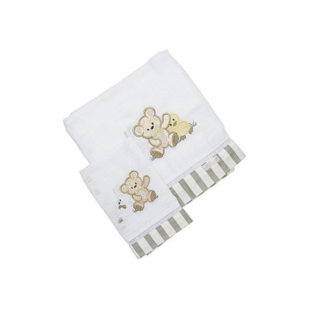 Conjunto 2 Fraldas Bordado Urso Listrado Bege