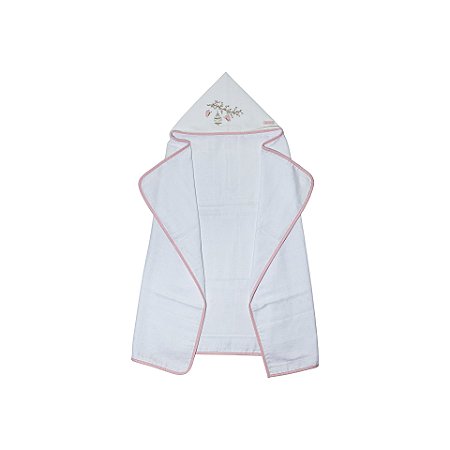 Toalha de Banho Fralda com Capuz Bordado Borboleta Poá Rosa