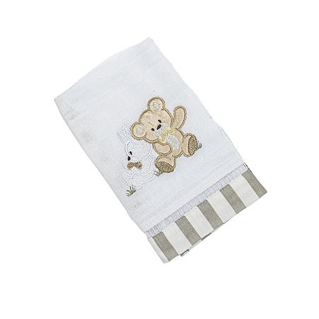 Toalha de Boca Bordado Urso Listrado Bege