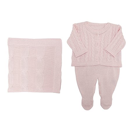 Saída Maternidade 3 Peças Tricot Trança Rosa