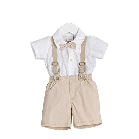 Conjunto Body Camisa Manga Curta com Short Oxford e Suspensório