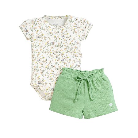 Conjunto Body Floral com Shorts Malha Anarruga Verde