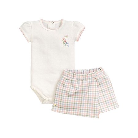 Conjunto Body Manga Curta com Short Saia Suedine Off White