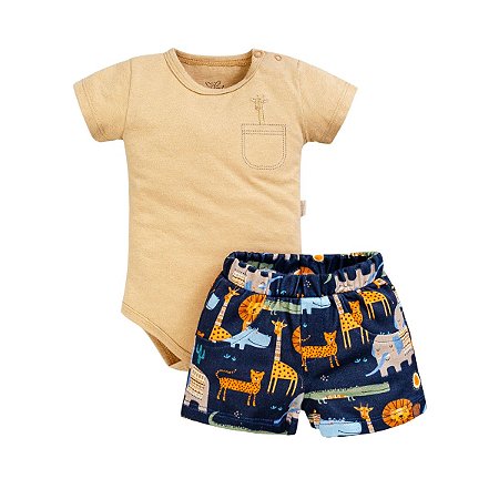 Conjunto Body Manga Curta com Short Suedine Safari