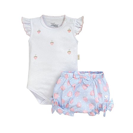 Conjunto Body Manga Curta com Short Voil Morango