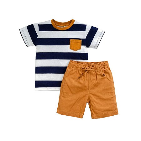 Conjunto Camisa Manga Curta Listrada com Bermuda Sarja