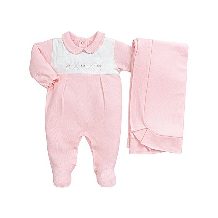 Kit Macacão Longo Bordado com Manta Tricot Flores Rosa