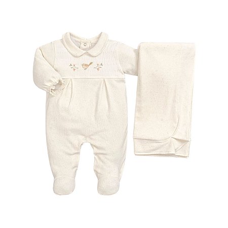Kit Macacão Longo Bordado com Manta Tricot Passarinho Off White