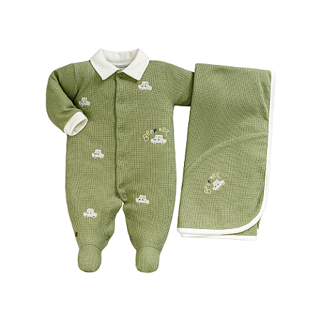 Kit Macacão Longo e Manta Malha Carros Verde