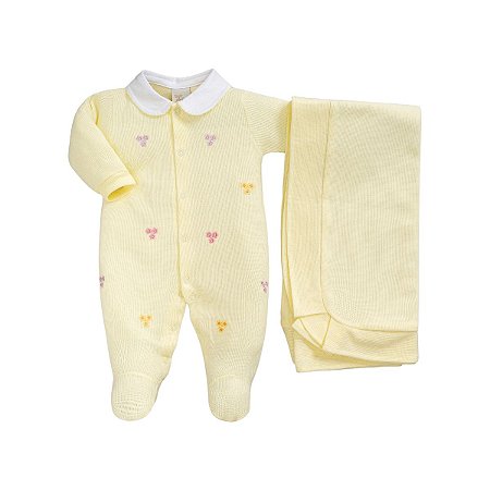 Kit Macacão Longo e Manta Malha Tricot Flores Amarelo