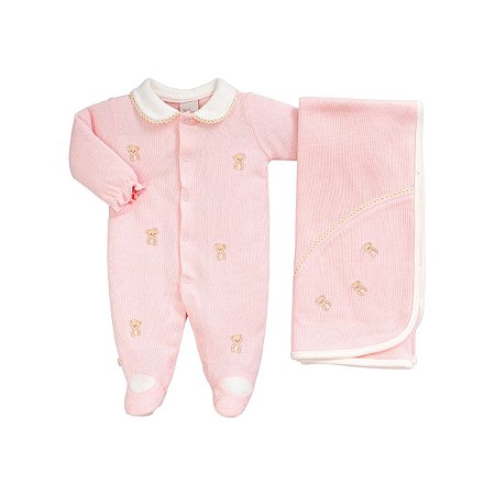 Kit Macacão Longo e Manta Malha Tricot Ursinho Rosa