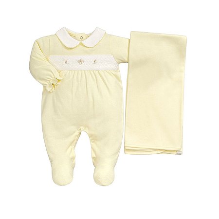 Kit Macacão Longo e Manta Suedine Abelhinha Amarelo