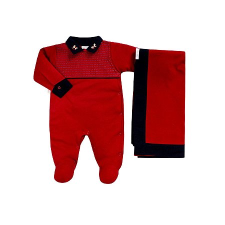 Kit Macacão Longo e Manta Suedine Cavalinho Vermelho