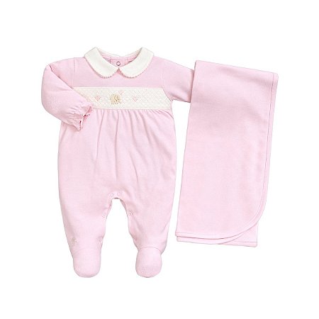 Kit Macacão Longo e Manta Suedine Elefantinho Rosa