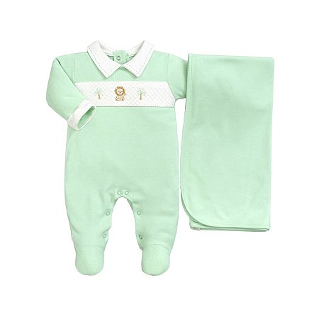 Kit Macacão Longo e Manta Suedine Leãozinho Verde
