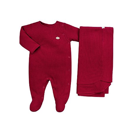 Kit Macacão Longo com Manta Malha Tricot Vermelho