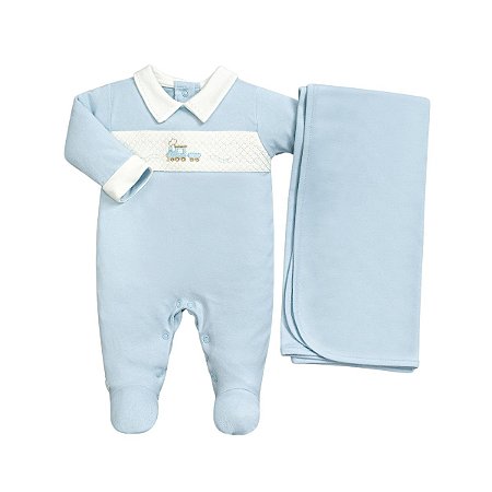 Kit Macacão Longo e Manta Suedine Trenzinho Azul