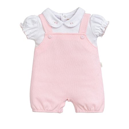 Macacão Curto Bordado Malha Tricot Flores Rosa