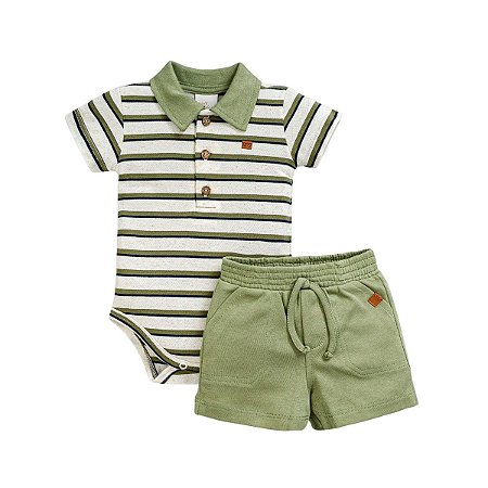 Conjunto Body Manga Curta com Short Suedine Listrado