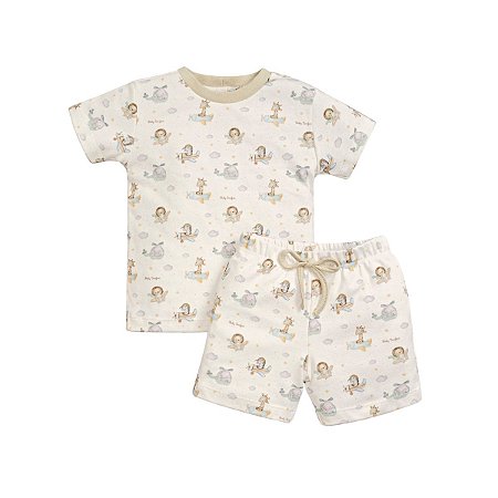 Pijama Curto Estampado Malha Aveludada Avião Bege