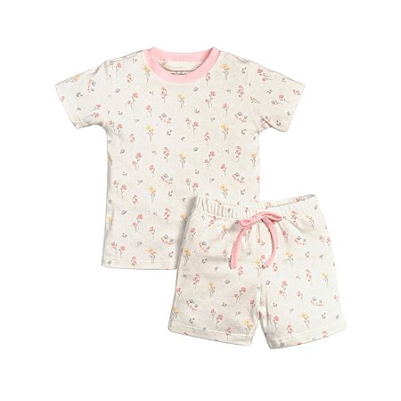 Pijama Curto Estampado Malha Aveludada Flores Rosê