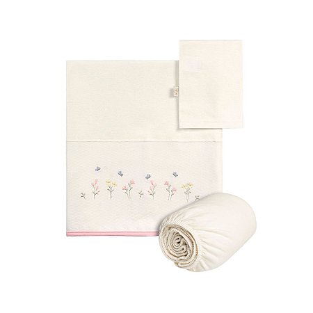 Jogo Lençol Berço 3 Peças Bordado Flores Rosê