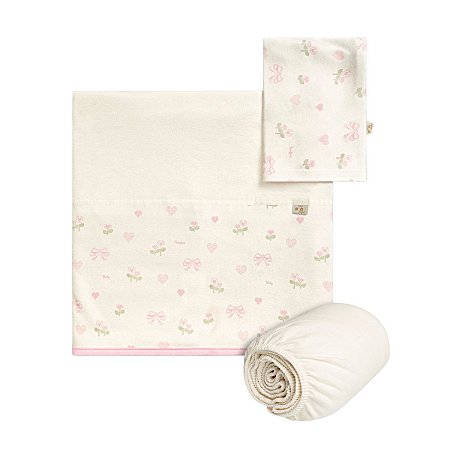 Jogo Lençol Berço 3 Peças Estampado Coração Rosa