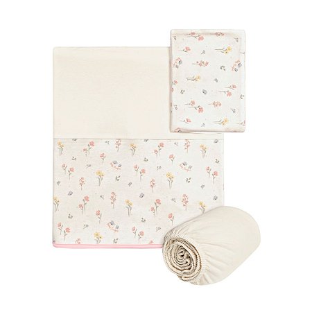 Jogo Lençol Berço 3 Peças Estampado Flores Rosê