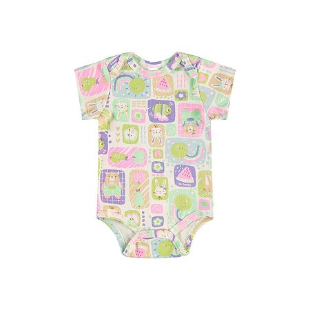 Body Manga Curta Suedine Animais e Frutas Off White