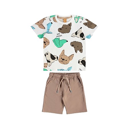 Conjunto Camiseta Malha Cachorros Branca e Bermuda Moletom
