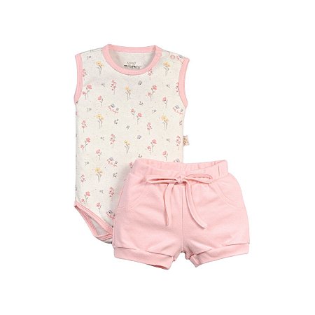 Conjunto Body Regata Estampado e Short Suedine Flores Rosa