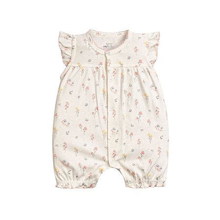 Macacão Curto Estampado Malha Aveludado Flores Off White