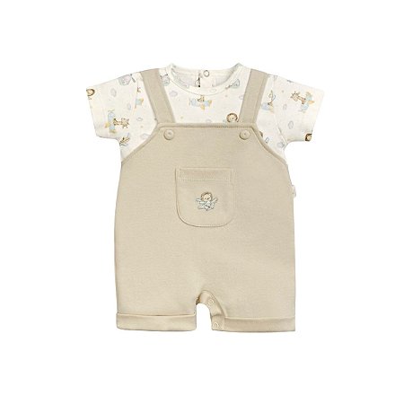 Macacão Curto Jardineira Suedine Bordado Aviãozinho Bege