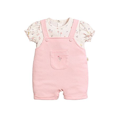 Macacão Curto Jardineira Suedine Bordado Flores Rosa