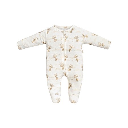 Macacão Longo Zíper Estampado Ursinho Bege