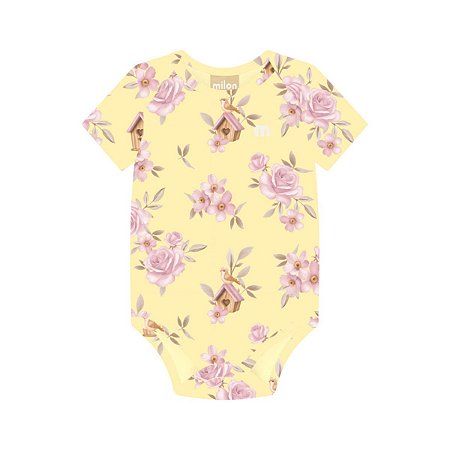 Body Manga Curta Cotton Floral Amarelo