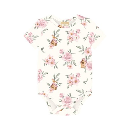Body Manga Curta Cotton Floral Off White